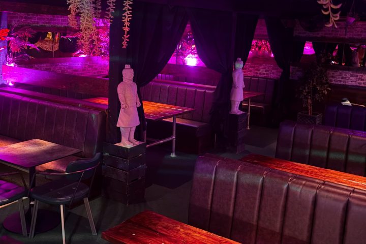 Moody bar with plush booths, wooden tables, pink lighting, and hanging plants.
