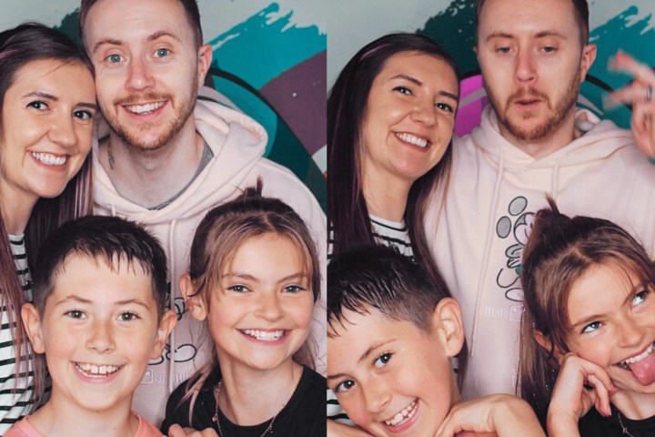Two photos of a smiling group of four people, two adults and two children, with a colorful background.