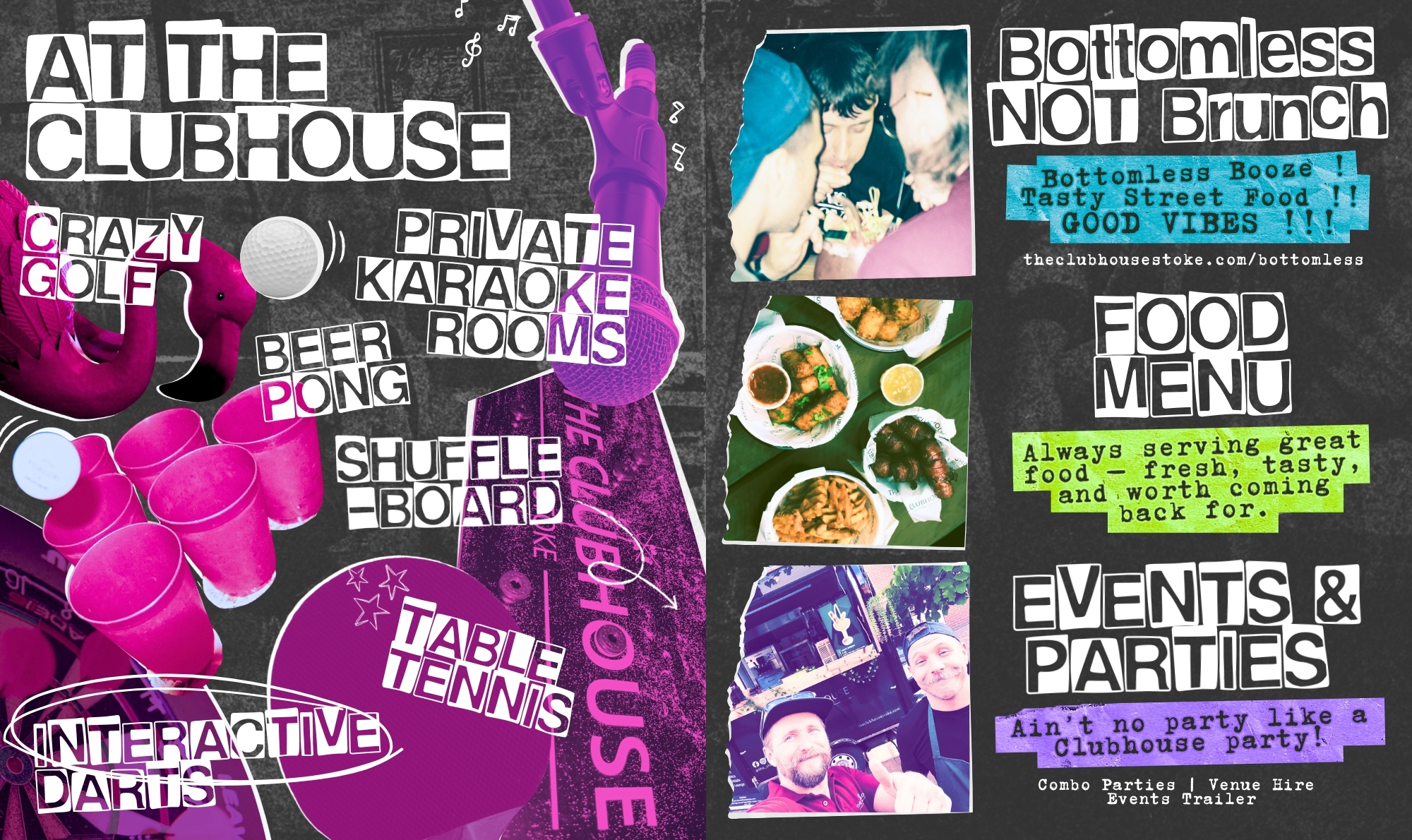 Collage promoting a venue with games, food, and events at 'The Clubhouse' with vibrant graphics.