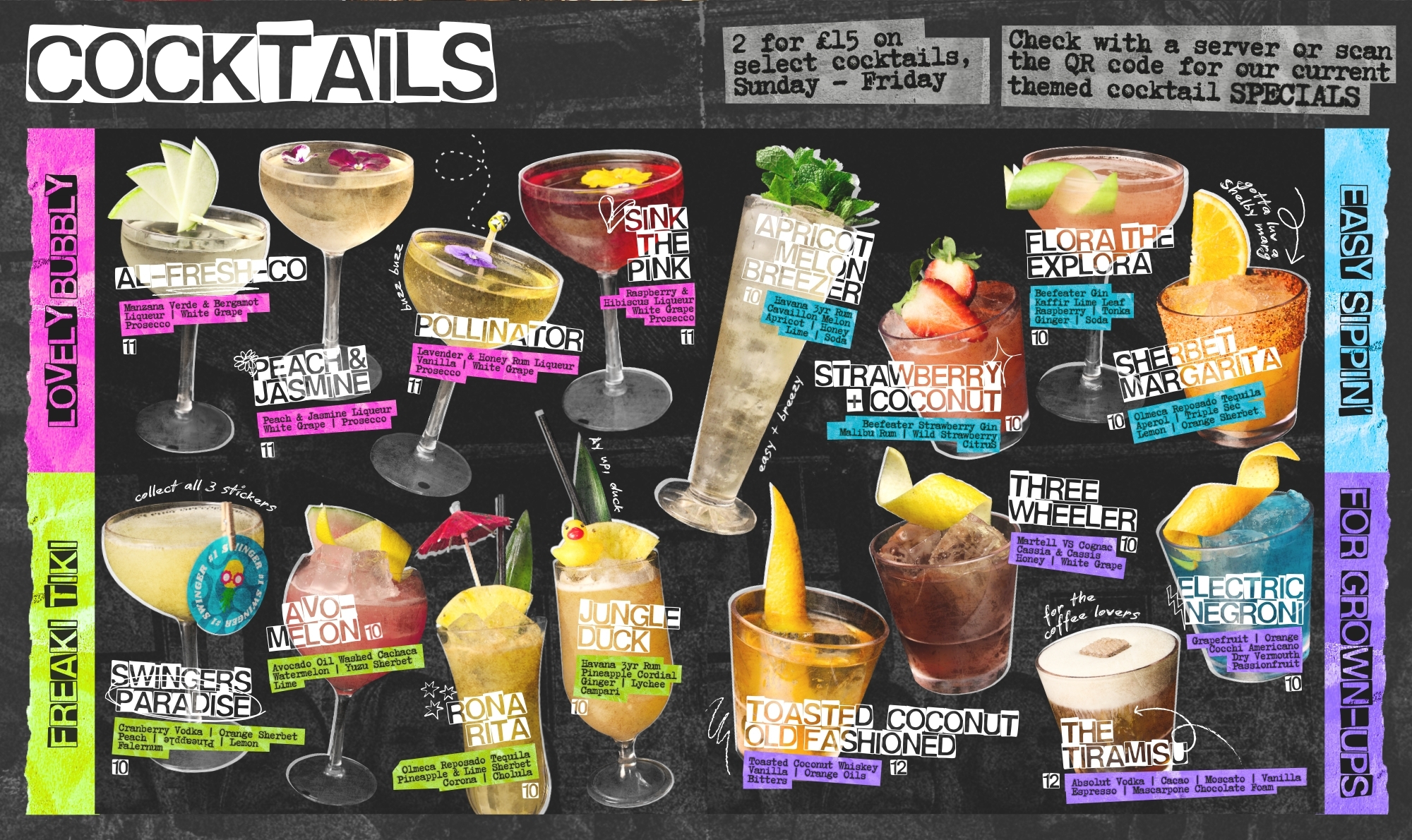 Cocktail menu featuring colorful drinks with names and ingredients listed under categories like 'Lovely Bubbly' and 'Freaki Tiki'.
