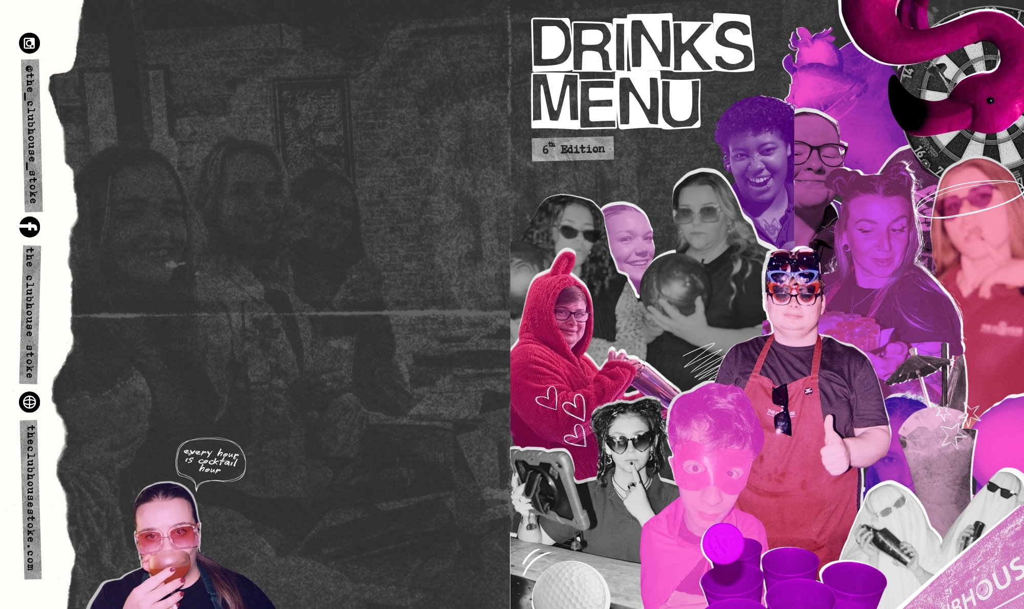 Collage of people in colorful outfits with 'Drinks Menu' text and social media icons.