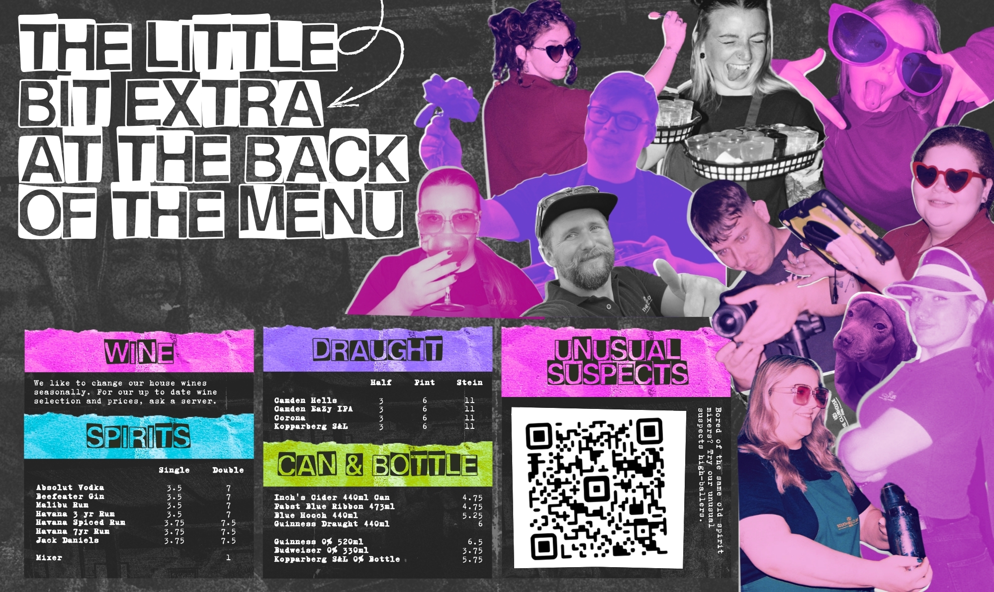 Menu titled 'The Little Bit Extra' with drink options and collage of people and a QR code.
