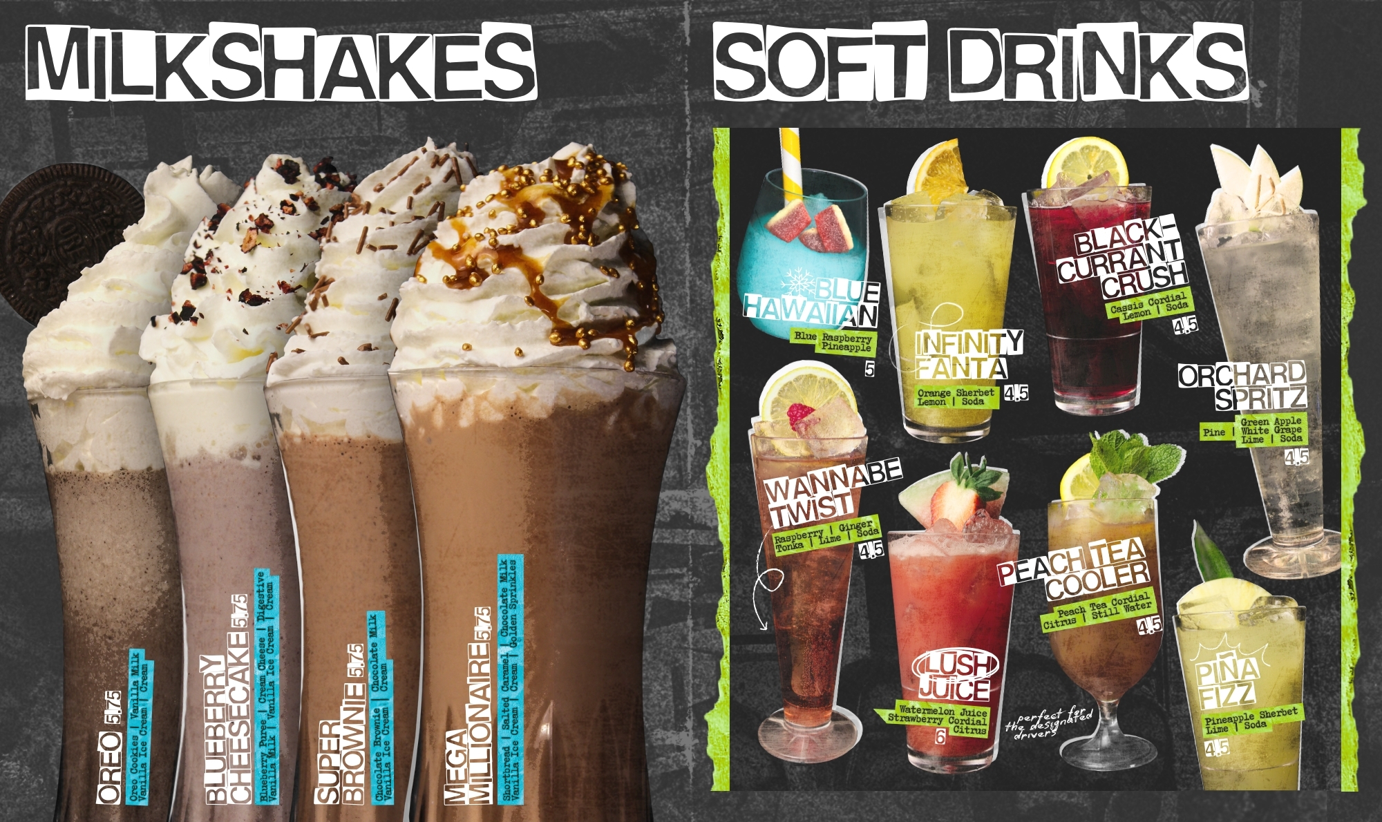 Menu displaying various milkshakes and soft drinks with whipped cream toppings.