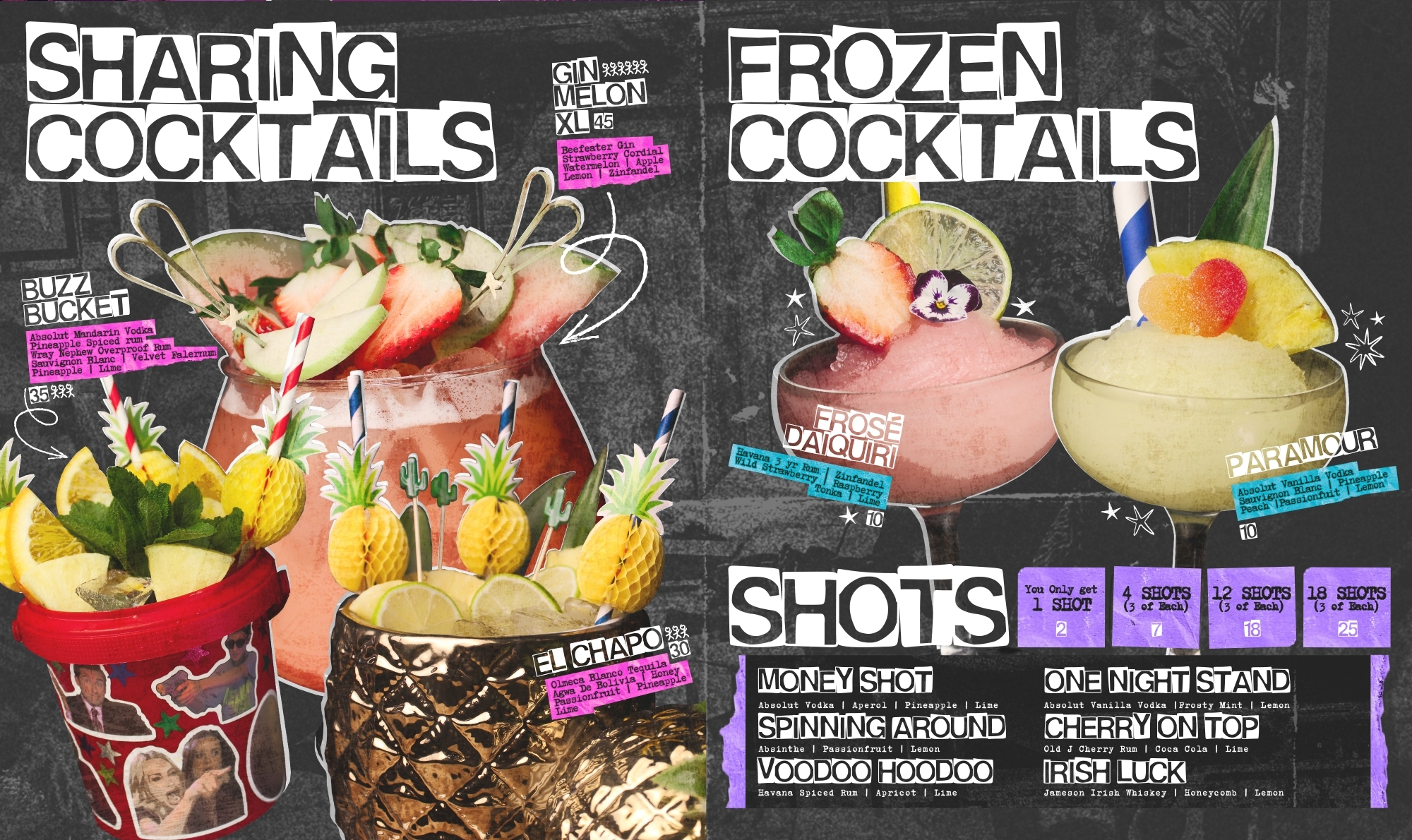 Colorful menu featuring sharing, frozen cocktails, and shots with ingredients and prices.